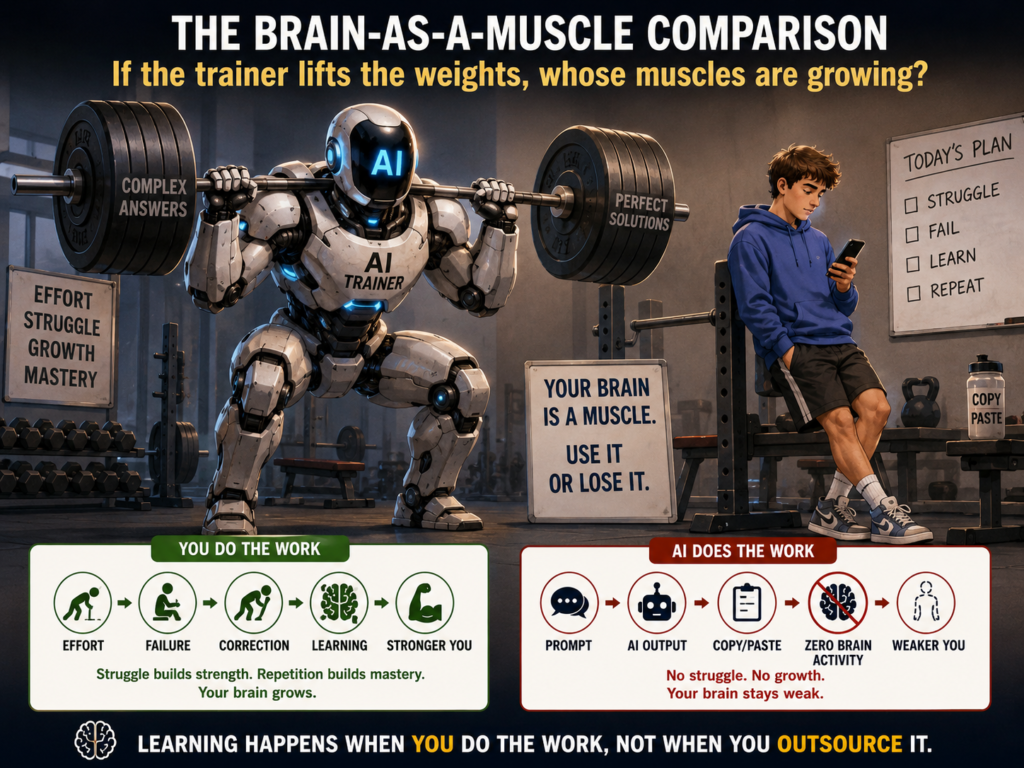 An infographic titled 'The Brain-as-a-Muscle Comparison'. It features an AI robot lifting heavy weights labeled 'Complex Answers' while a student looks at a phone. It contrasts a 'You Do The Work' flowchart (Effort, Failure, Correction, Learning) with an 'AI Does The Work' shortcut (Prompt, Output, Copy/Paste, Zero Brain Activity).