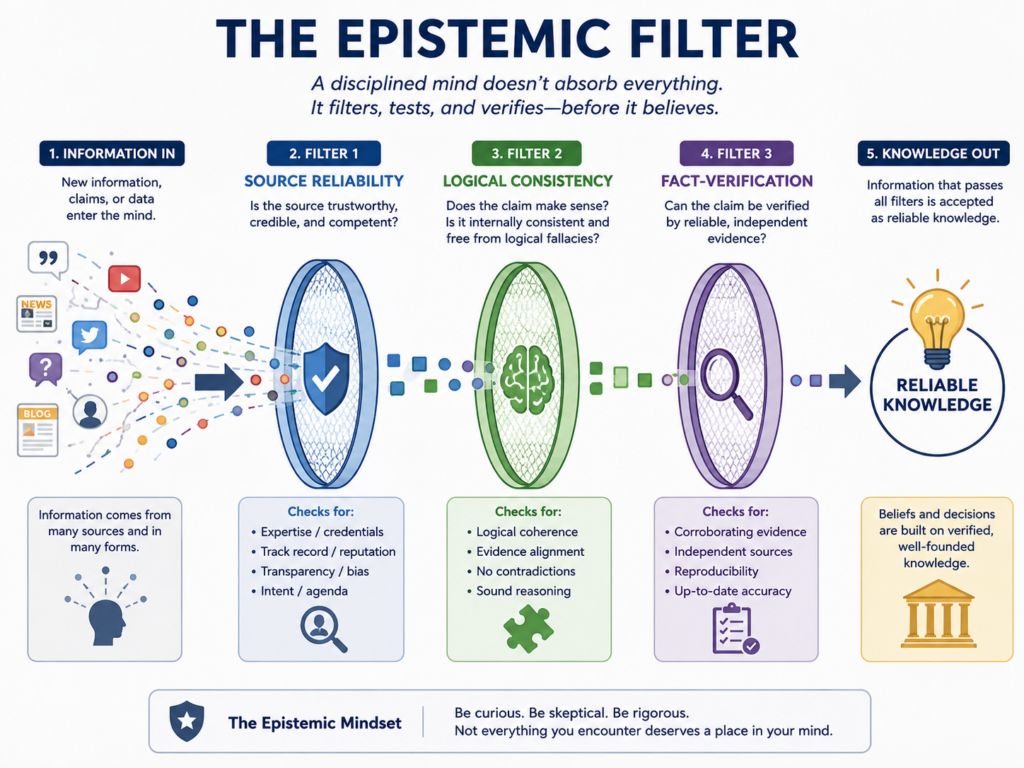 Infographic explaining the Epistemic Filter process: Information enters and passes through three filters—Source Reliability, Logical Consistency, and Fact-Verification—to emerge as reliable, verified knowledge.