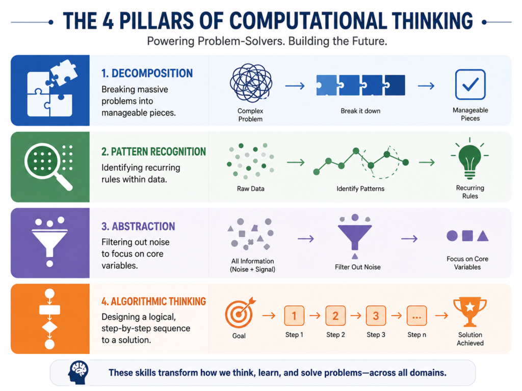 An infographic detailing the 4 pillars of computational thinking: Decomposition (breaking problems down), Pattern Recognition (identifying rules), Abstraction (filtering noise), and Algorithmic Thinking (step-by-step logic).