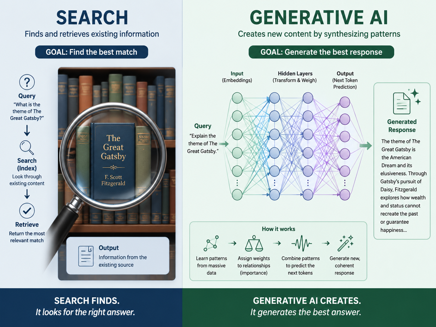 An infographic comparing Search and Generative AI, showing Search as a magnifying glass finding existing books and Generative AI as a neural network synthesizing new responses.