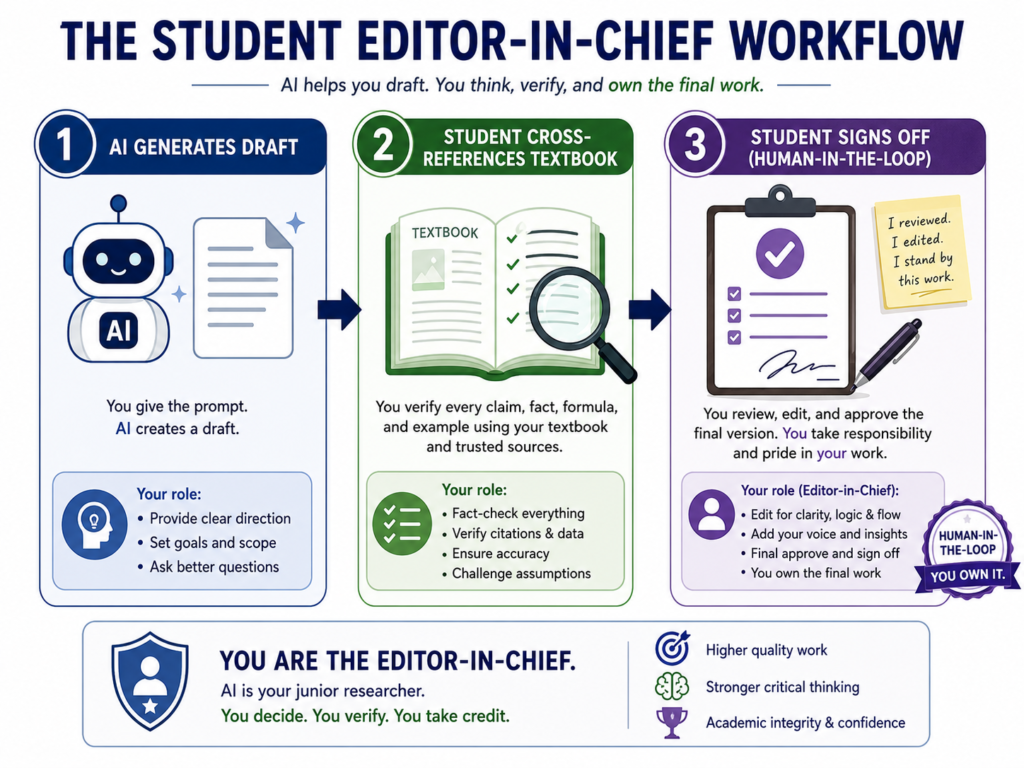 Infographic of the EduMark AI workflow titled 'The Student Editor-in-Chief'. It shows three steps: 1. AI generates a draft based on student direction; 2. The student verifies facts and formulas against a textbook; 3. The student reviews, edits, and signs off as the human-in-the-loop.